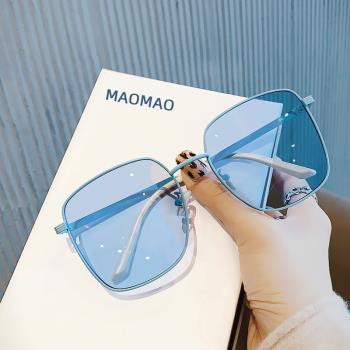 韓版時尚淺色太陽鏡女圓長臉情侶款透明藍色墨鏡男潮街拍方形眼鏡
