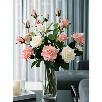 3D手感保濕玫瑰仿真花束客廳餐桌假花擺件套裝插花裝飾花藝絹花
