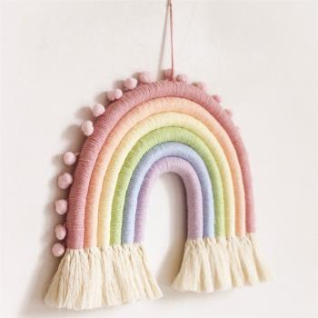 ins北歐風棉線毛球彩虹編織掛毯壁掛兒童房裝飾墻上吊飾家居飾品