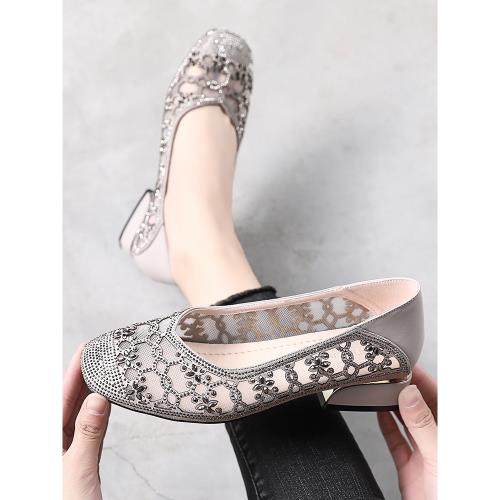 真皮包頭水鉆涼鞋女夏季鏤空網面單鞋淺口粗跟女鞋網紗透氣媽媽鞋