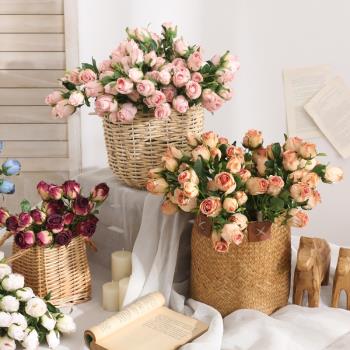 7頭仿干花玫瑰花帶葉假花 ins北歐清新絹花餐桌桌面擺件家居裝飾