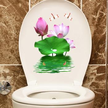 中國風創意馬桶貼畫裝飾貼衛生間廁所荷花貼紙翻新馬桶蓋防水自粘