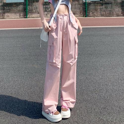 粉色高腰工裝褲女春夏寬松直筒闊腿休閑褲子辣妹高級感多口袋長褲