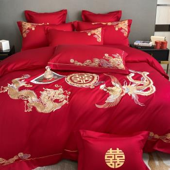 高檔龍鳳刺繡全棉結婚四件套大紅色床單被套純棉婚慶喜被床上用品