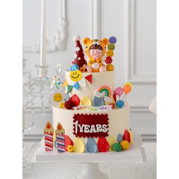 樹脂祈禱虎寶寶雙層蛋糕裝飾擺件兒童生日帽子蠟燭一周歲派對插件