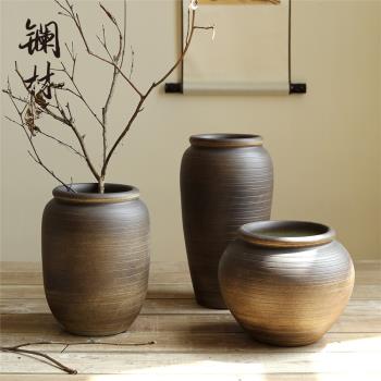 復古粗陶罐子日式禪意花瓶手工土陶花器家居客廳裝飾中式插花花盆