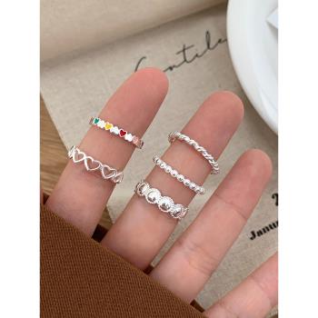 為晚s925純銀愛心疊戴戒指女韓版時尚小眾設計心形環繞開口食指戒