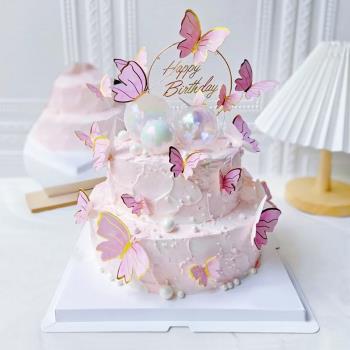 白色蝴蝶蛋糕裝飾插牌鐵藝亞克力生日快樂插件幻彩球蝴蝶主題裝扮