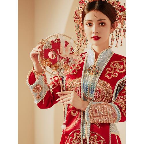 新娘結婚團扇喜扇diy材料包扇子婚禮手持秀禾扇鳳凰漢服雙圈成品|工藝扇