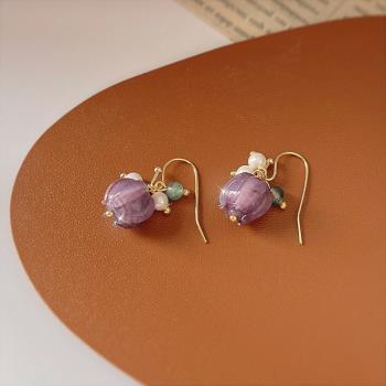 琉璃花朵珍珠耳鉤耳環時尚小眾甜美少女心百搭耳釘紫色氣質耳飾潮