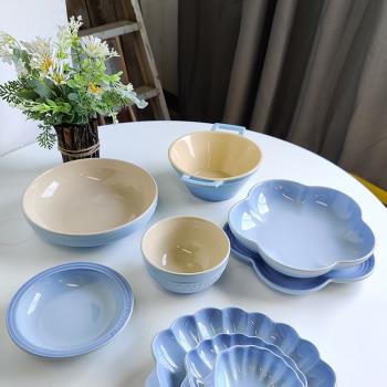 出口法國LC家藍色貝殼盤花朵盤雙耳鍋平盤 漸變色酷彩陶瓷 米飯碗