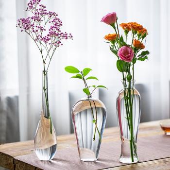 日式玻璃花瓶透明禪意中式插花擺件小口細口水養水培花器梅瓶侘寂