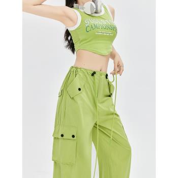 綠色工裝褲女夏季薄款美式hiphop跳舞褲子高腰闊腿寬松休閑運動褲