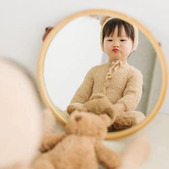 ins可愛寶寶攝影道具百天周歲兒童拍照小熊造型裝飾擺件木紋鏡子