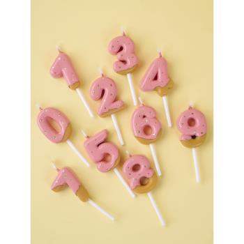 卡通復古粉色巧克力淋面餅干造型0-9數字蠟燭生日蛋糕裝飾插件