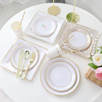 生日布置紙盤子一次性白色蛋糕碟子甜品臺擺件兒童派對餐具野餐盤