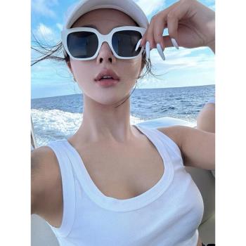 韓版純白色海邊沙灘度假墨鏡女潮圓臉顯臉小遮陽防曬大框太陽眼鏡