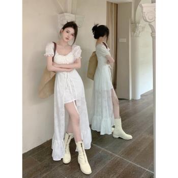 芭蕾風甜辣少女提花連衣裙女夏季2023新款泡泡短袖設計感白色裙子