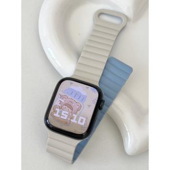 ins適用Applewatch8硅膠磁吸回環表帶蘋果手表765432撞色運動男女