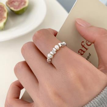 【巷南】925純銀碎銀子珍珠戒指小眾設計食指戒女輕奢高級感指環