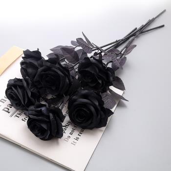 仿真純黑色單支玫瑰花束萬圣節鬼節恐怖哥特風格黑暗系列裝飾假花