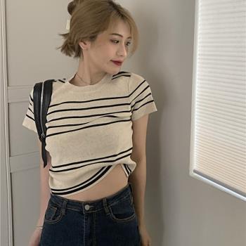 復古條紋針織衫女小個子港風chic短款上衣夏季短袖小眾設計感韓系