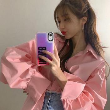 韓國chic超仙粉色寬松顯瘦燈籠袖襯衫女2023春季新款別致漂亮上衣