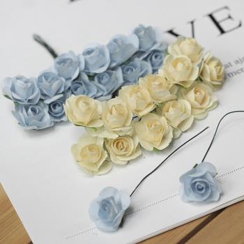 仿真紙花玫瑰 小花束香檳色 淺藍色 花頭直徑2厘米 一束12朵