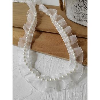 白色歐根紗釘珠褶皺蕾絲花邊輔料洛麗塔娃衣服裝領口袖口領邊材料