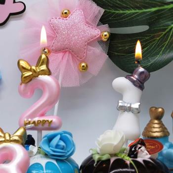 王子公主系列數字蠟燭蛋糕裝飾生日插件蝴蝶結粉色禮帽子無煙兒童