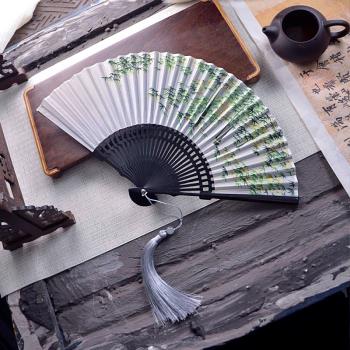 中國風鏤空真絲綢女式古風折扇子日式古典竹林小隨身櫻花禮品扇