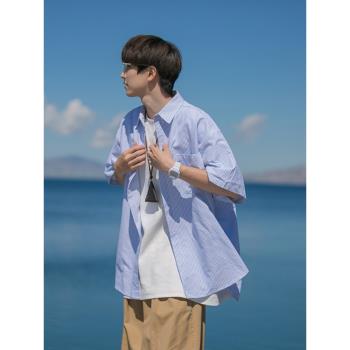 條紋短袖襯衫男2023年新款夏季日系潮牌寬松休閑男生工裝襯衣外套