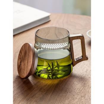 綠茶杯月牙過濾泡茶水分離玻璃家用辦公耐高溫男個人專用木把杯子