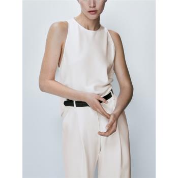 MD女裝2023夏季新品簡約時尚設計無袖繞頸吊帶氣質范上衣襯衫純色