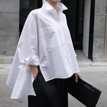 春夏裝新款白色襯衫女韓版寬松大碼斗篷型長袖不規則襯衣時尚上衣