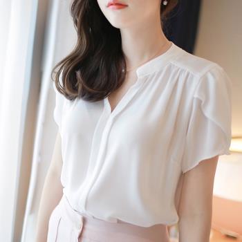 韓版時尚雪紡上衣V領顯瘦短袖