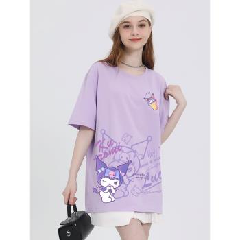 香芋紫色t恤女短袖純棉寬松上衣2023夏季新款小個子正肩卡通體恤