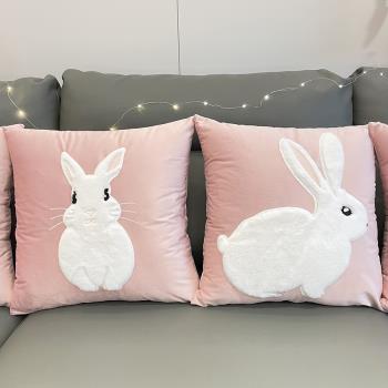 2023兔年抱枕套沙發靠墊天鵝絨刺繡抱枕少女心粉色卡通抱枕套可愛