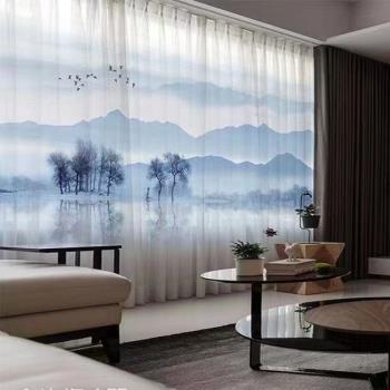 現代新中式水墨山水畫風景客廳書房高檔臥室名宿窗簾禪意紗簾窗紗