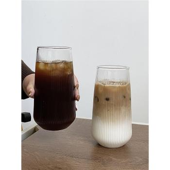 簡約條紋玻璃杯餐廳冷飲杯氣泡水杯水果茶果汁杯耐熱拿鐵杯咖啡杯