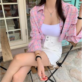 韓國短款格子襯衫女夏季防曬百搭時尚減齡高腰露臍設計長袖襯衣潮