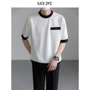 ZPZ夏季上衣高級感撞色小高領短袖T恤男裝潮牌寬松重磅半袖體恤衫