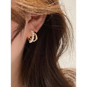 簡約優雅弧形雙層珍珠耳圈耳夾無耳洞女法式小香風輕奢高級感耳環