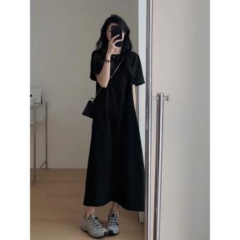夏季黑色長裙到腳踝170加長版175超長款短袖t恤高個子女生連衣裙