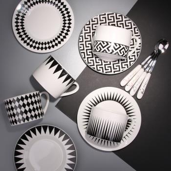 北歐黑白幾何骨瓷咖啡杯碟套裝簡約辦公歐式杯碟帶勺子下午茶杯子
