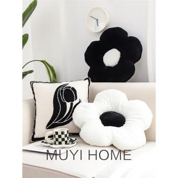 黑白花朵抱枕名宿坐墊靠枕墊客廳沙發靠墊ins風臥室床上用枕靠