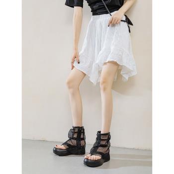 歐美風夾趾鏤空羅馬涼鞋女夏季新款鬆糕厚底短靴露趾網紗透氣涼靴