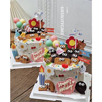 網紅創意可愛搞怪小眼睛奧利奧餅干卡通小熊氣球蛋糕裝飾擺件插件
