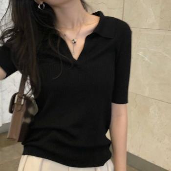 黑色v領純棉短袖t恤女2023年夏季設計感小眾時尚別致正肩鎖骨上衣