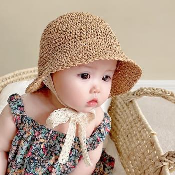 ins網紅寶寶蕾絲系帶草帽韓版寶寶遮陽帽春夏嬰兒女小童草編帽子